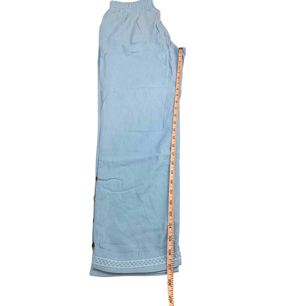NWT Women's Baby Blue Pants Loose Fit Button Crochet Trim Elastic Waist Pockets - Picture 11 of 16